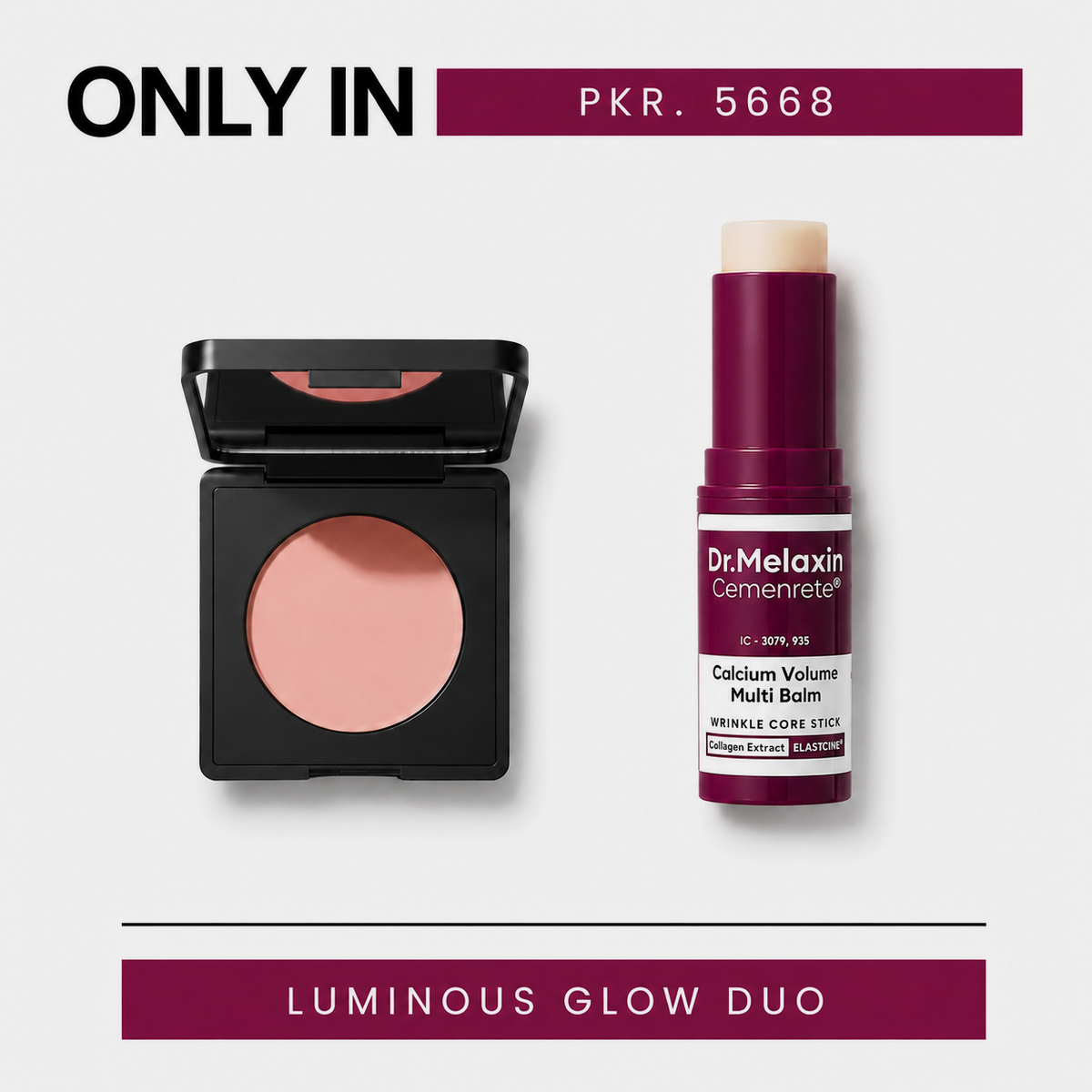 Luminous Glow Duo: Under-Eye Brightener compact and Multi-Balm stick on a grey background