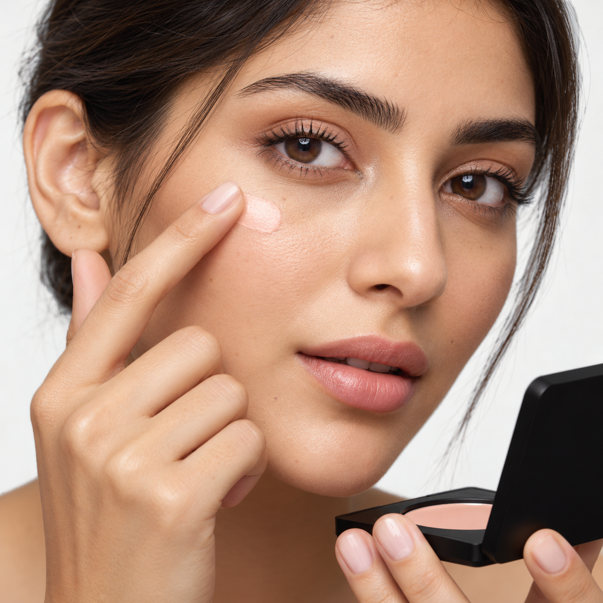 Woman tapping the Luminance Milano Under-Eye Brightener under her eye, holding the open compact