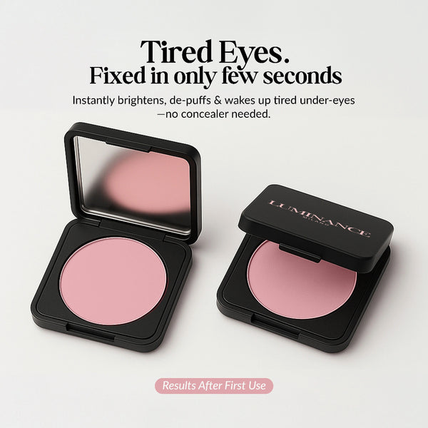 Tired eyes card: two Luminance Milano compacts on a grey background